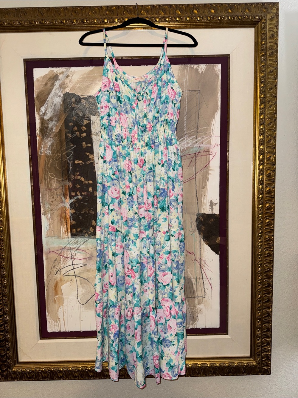 Floral Spaghetti-Strap Maxi Dress in Mint and Pink